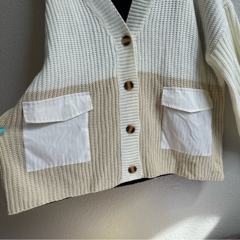 NWT Davi & Dani Brightside Patchwork Sweater Cardigan White Cream Black Small - Picture 4 of 7